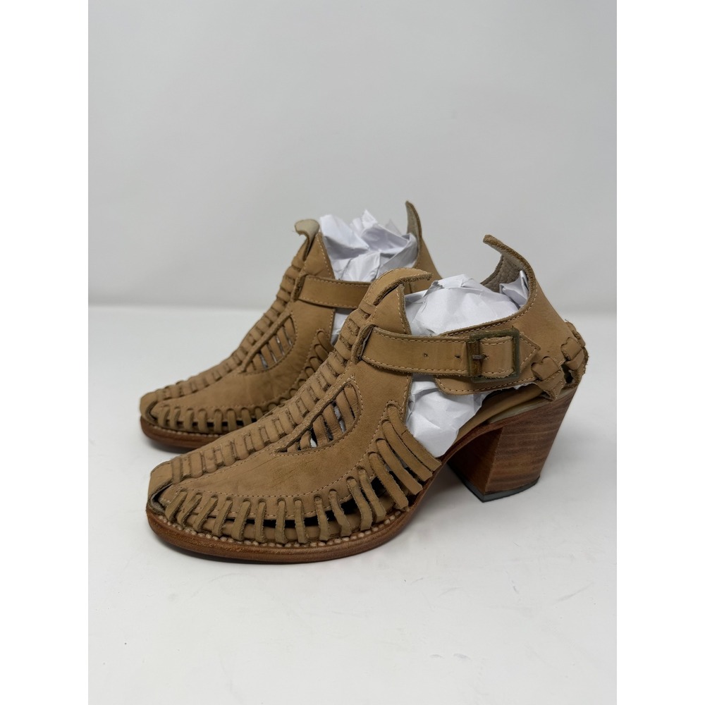 Freebird Poisn Huarache Bootie Sandals Tan Leather Woven Block Heel Womens 9